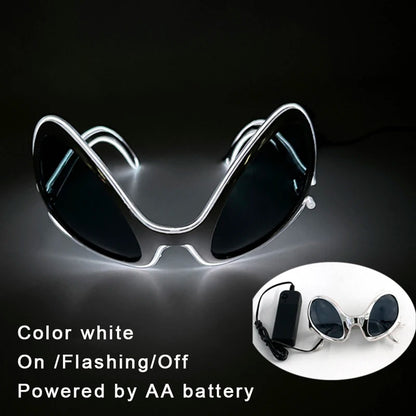 Festival glasses with LED illumination and crystal bead accents connected to a battery pack