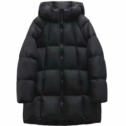 Women's long puffer hooded jacket with pockets