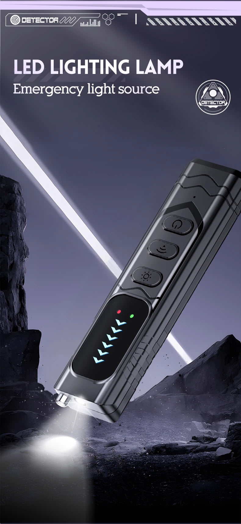 Black smart camera detector with three control buttons, LED indicator display, and a built-in flashlight.