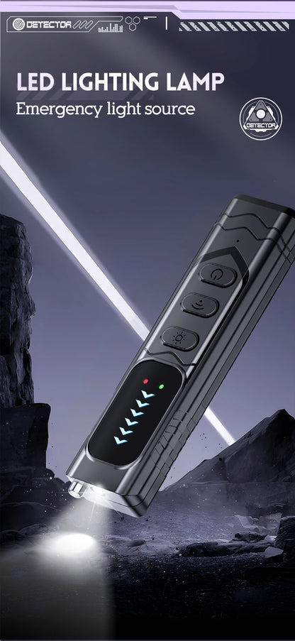 Black smart camera detector with three control buttons, LED indicator display, and a built-in flashlight.