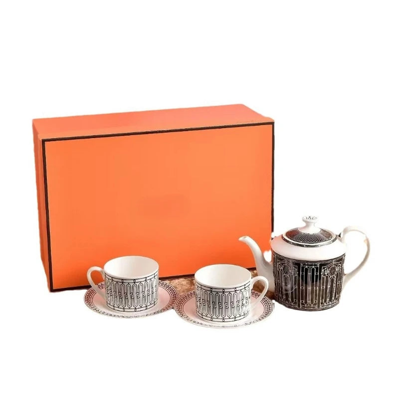 Delicate Bone China Coffee Cup Set with Teapot for Two and Fingerprint Resistant Glaze
