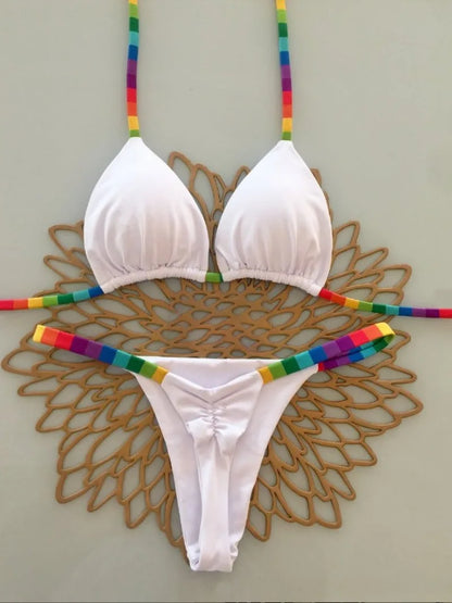 Women's Triangle Lace-Up Bikini Set with Adjustable Straps and Thong Bottom