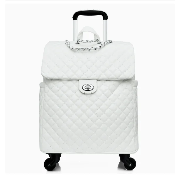 White quilted leather rolling travel bag with a silver chain, turn-lock closure, and retractable handle.