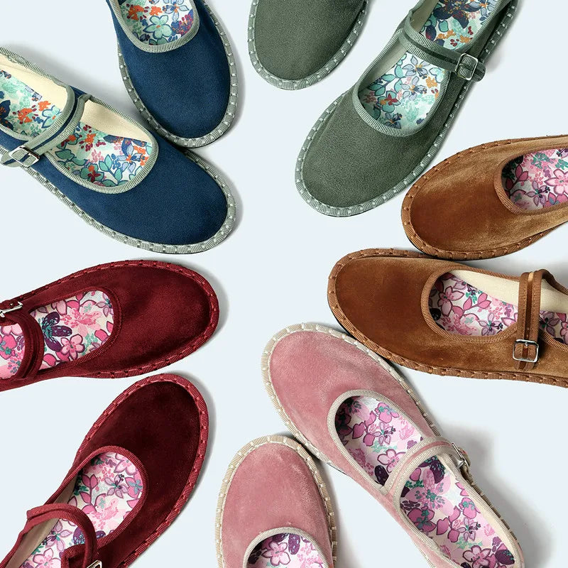 Women's floral-lined Mary Jane flats with buckle strap