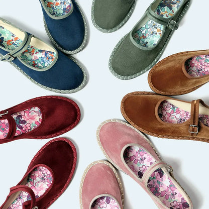 Women's floral-lined Mary Jane flats with buckle strap