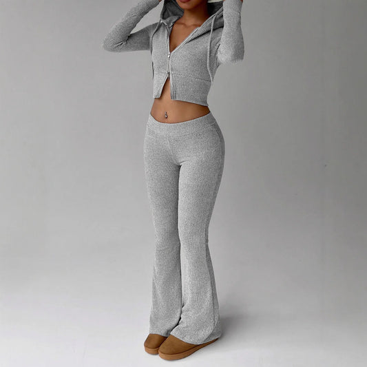 Cozy Women's Loungewear Set Zip-Up Hooded Top with Drawstring and Flared-Leg Trousers–Casual Fashionable Homewear