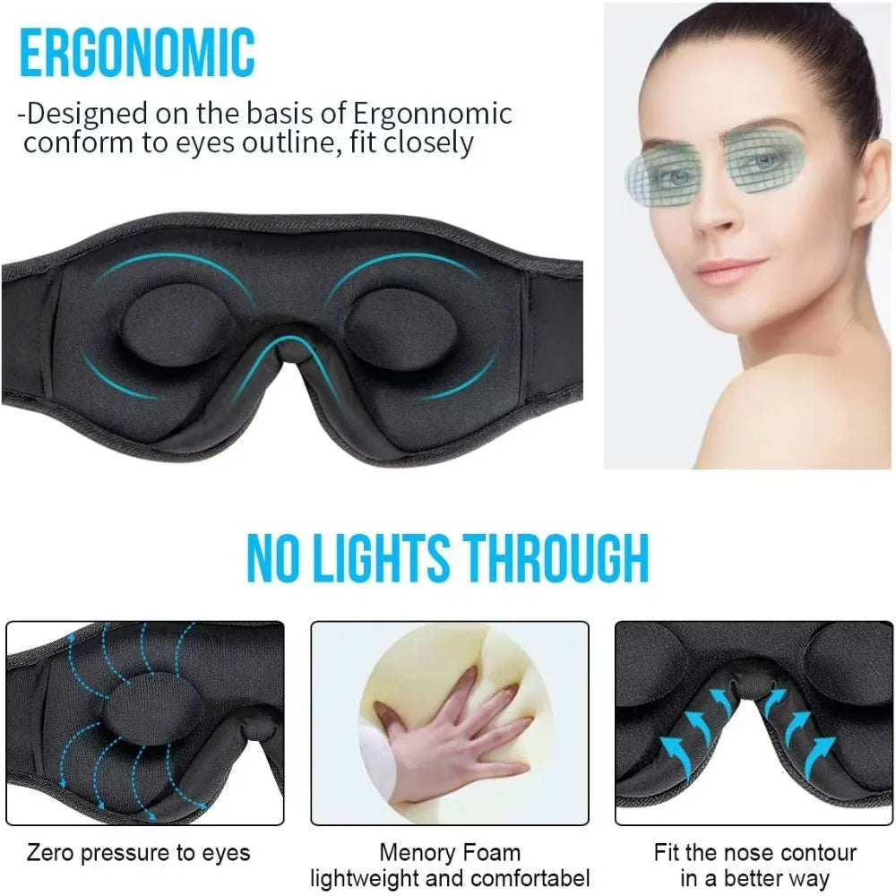 Black ergonomic 3D sleep eye mask with memory foam contours and a nose bridge design for light blocking.