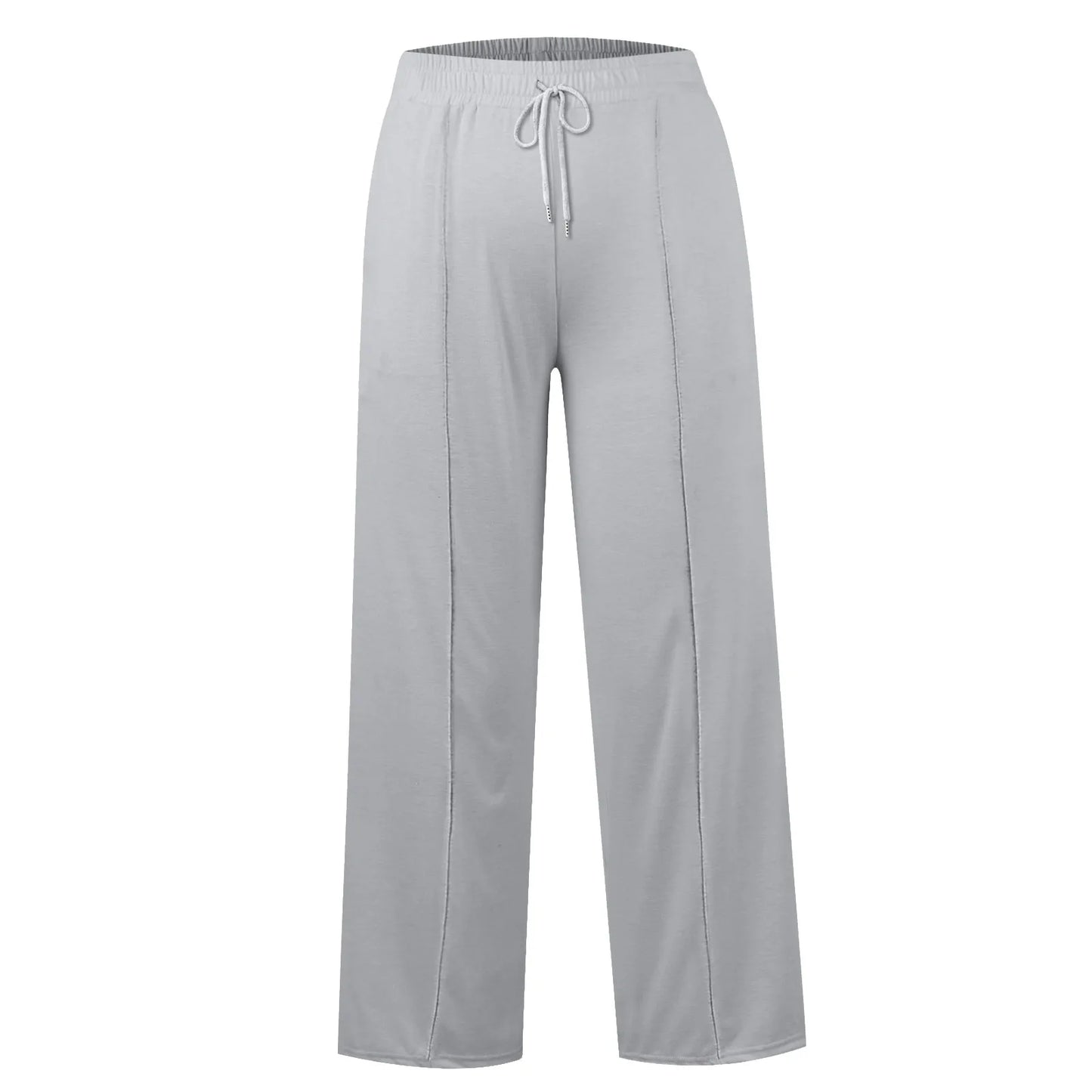 Light gray high waist wide leg pants with a drawstring and fleece lining for comfortable cold weather wear.
