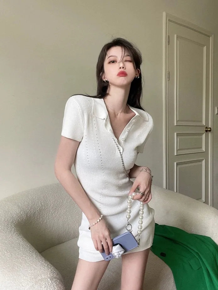 Breathable Polo Neck Knit Dress with Hollow Out Panels for Beachwear