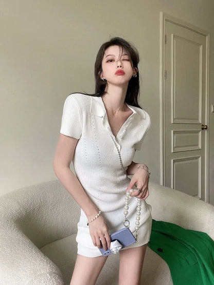 Breathable Polo Neck Knit Dress with Hollow Out Panels for Beachwear