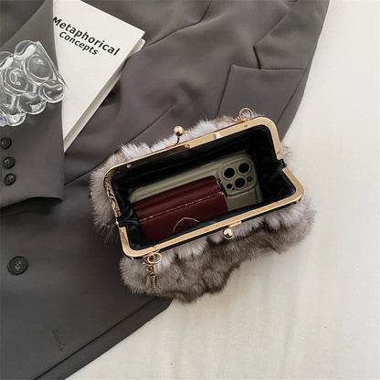 Luxury Soft Plush Evening Bags For Elegant Women Fox Fur Dinner Party Clutch Chain Crossbody Winter Warm Luxury Designer Handbags