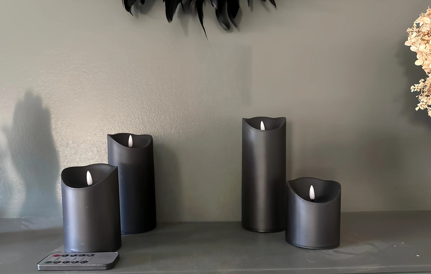 Black 3D Wick Flameless LED Pillar Candles with Remote and Timer