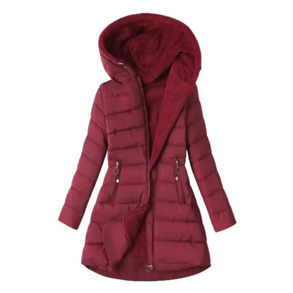 Women's long hooded puffer coat with full zip and pockets