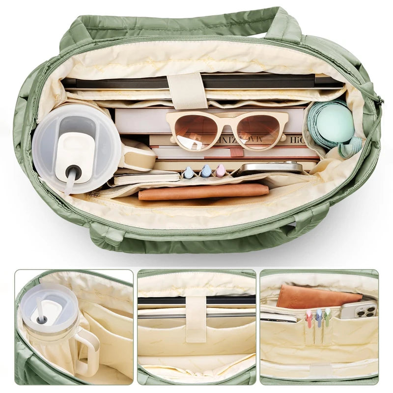 Sage green puffy polyester multi-pocket tote with organization for work and travel essentials.