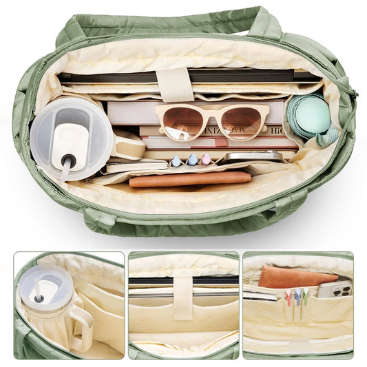 Top-down view of open green quilted tote bag with organized interior pockets containing laptop, tumbler, and accessories.