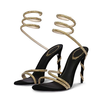 Women Luxury Crystal Diamond Snake Ankle Strap Heels