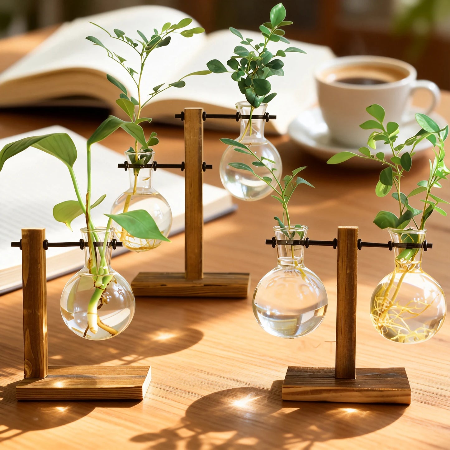 Glass Bulb Vase on Wooden Stand for Desk Decor and Office Display