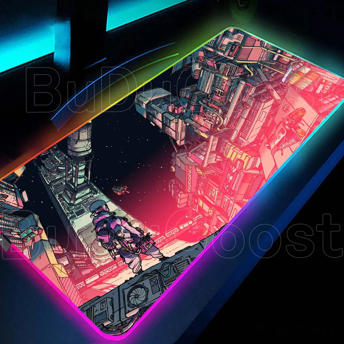 Large RGB LED gaming desk mat with city sunset print