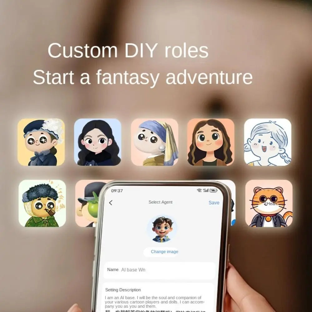 A smartphone screen showing custom character avatars for an interactive language learning robot toy for educational play.