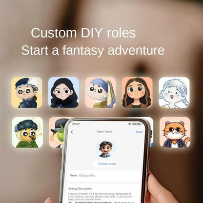 A smartphone screen showing custom character avatars for an interactive language learning robot toy for educational play.