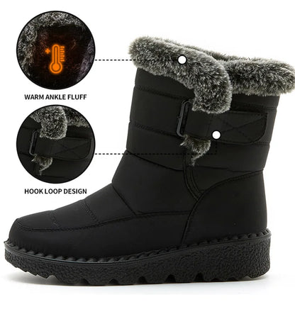 Black waterproof ankle snow boot with grey faux fur trim, hook-and-loop strap, and textured rubber sole.