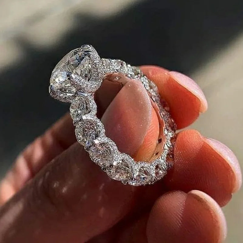 Geometric Engagement Ring With Zircon Centerpiece In Sterling Silver