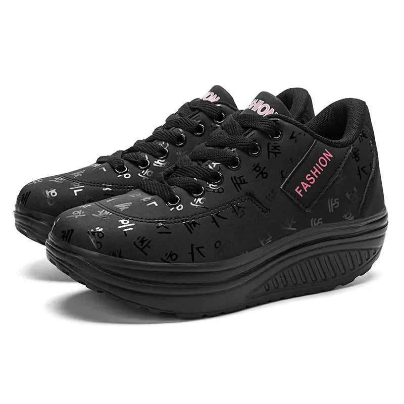 Women's lace-up wedge platform sneakers with rocker sole