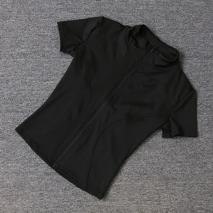 Black short-sleeve fitted training top with a full-zip front, stand collar, and sculpting seams for yoga.