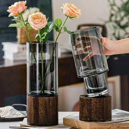 Crystal Glass Vase With Solid Wood Base In Modern Style With Slim Profile For Centerpiece Display