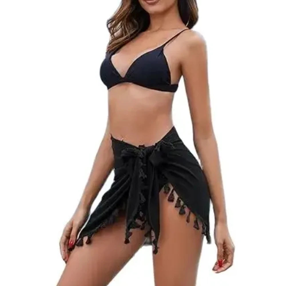 Women's Polyester Wrap Sarong With Tassel Edges And Adjustable Front Tie Short Length Lightweight