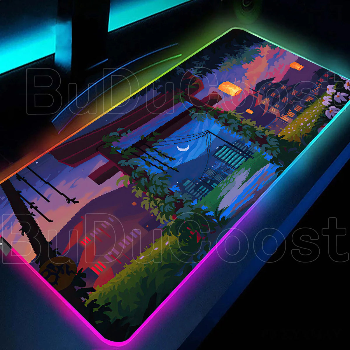 Large RGB LED gaming desk mat with city sunset print