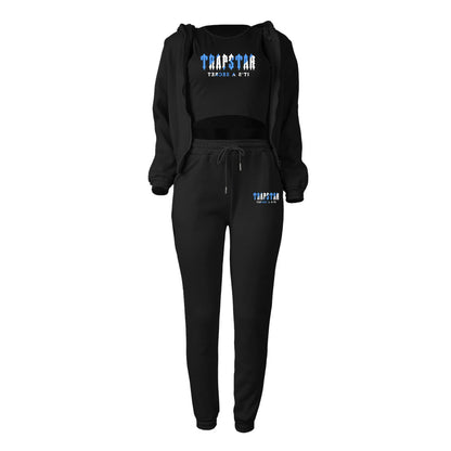 Black knit hooded sweater set with blue letter print and relaxed fit for lounging.