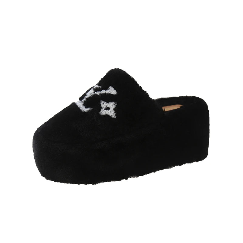 Warm Slippers for Women Indoor Non Slip Plush Traction Rubber Sole With Wedge Heel