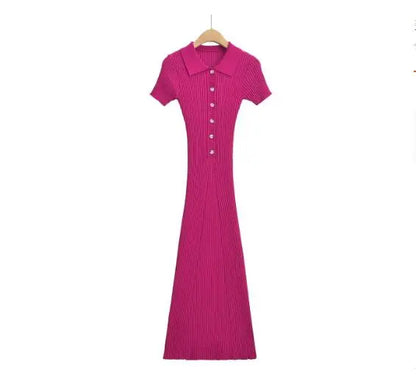 Hot pink ribbed knit mermaid dress with a button-up collar, fitted silhouette for beachwear or resort outings.