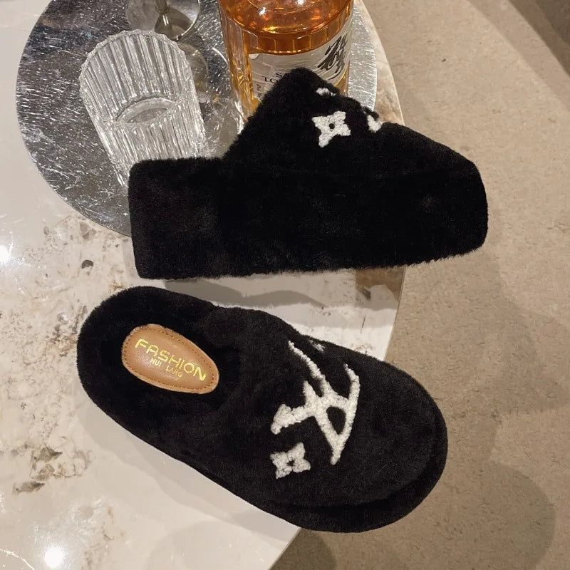 Warm Slippers for Women Indoor Non Slip Plush Traction Rubber Sole With Wedge Heel