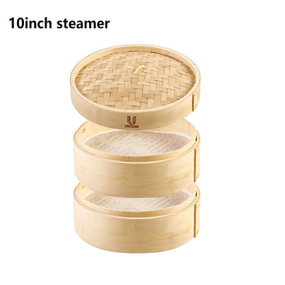 Stacked natural bamboo dumpling steamer with two tiers, mesh liners, and a lid featuring a woven top.