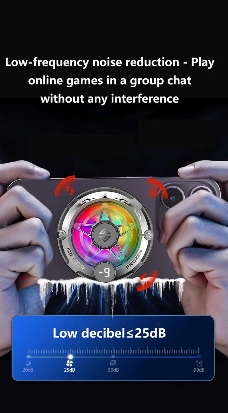 Silver magnetic back clip phone cooler with RGB LED lights and digital temperature display for quiet gaming sessions.