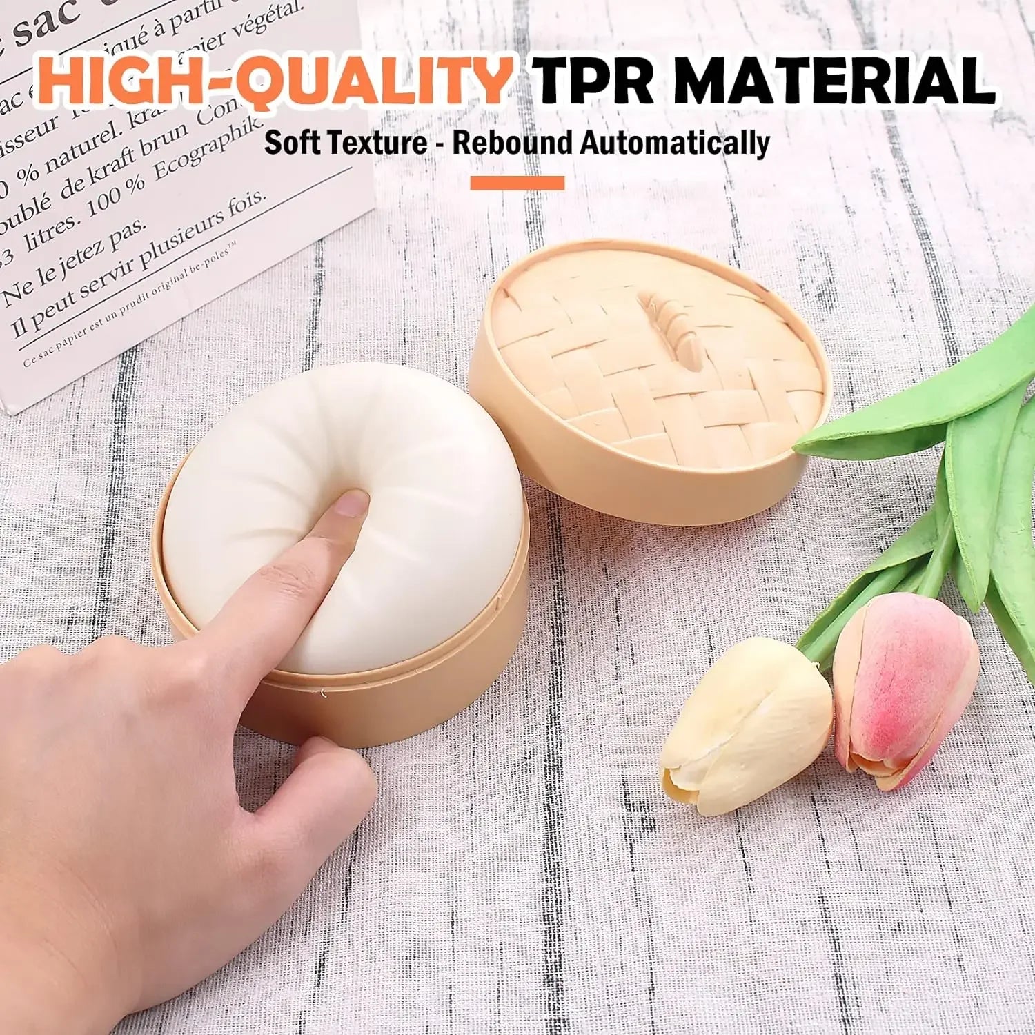 White squishy dumpling in tan bamboo steamer toy set for stress relief.