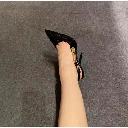 Sequined Slingback Pumps with Rhinestone Buckle for Women featuring Slim 9.6 cm Heel