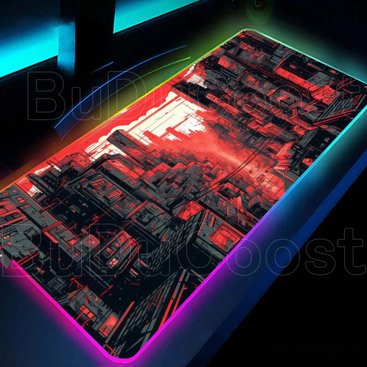 Large RGB LED gaming desk mat with city sunset print