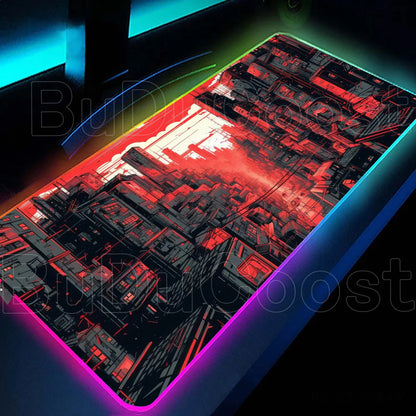 Large RGB LED gaming desk mat with city sunset print