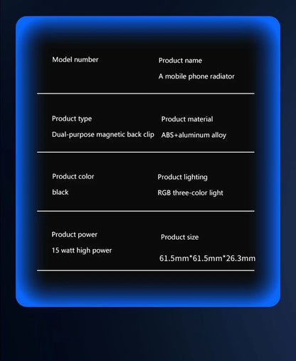 Black ABS and aluminum magnetic back clip phone cooler with RGB LED lights for gaming cooling.