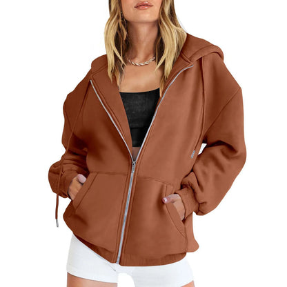 Women's Cotton Blend Hooded Sweatshirt With Zipper And Drawstring Pocket Long Sleeve