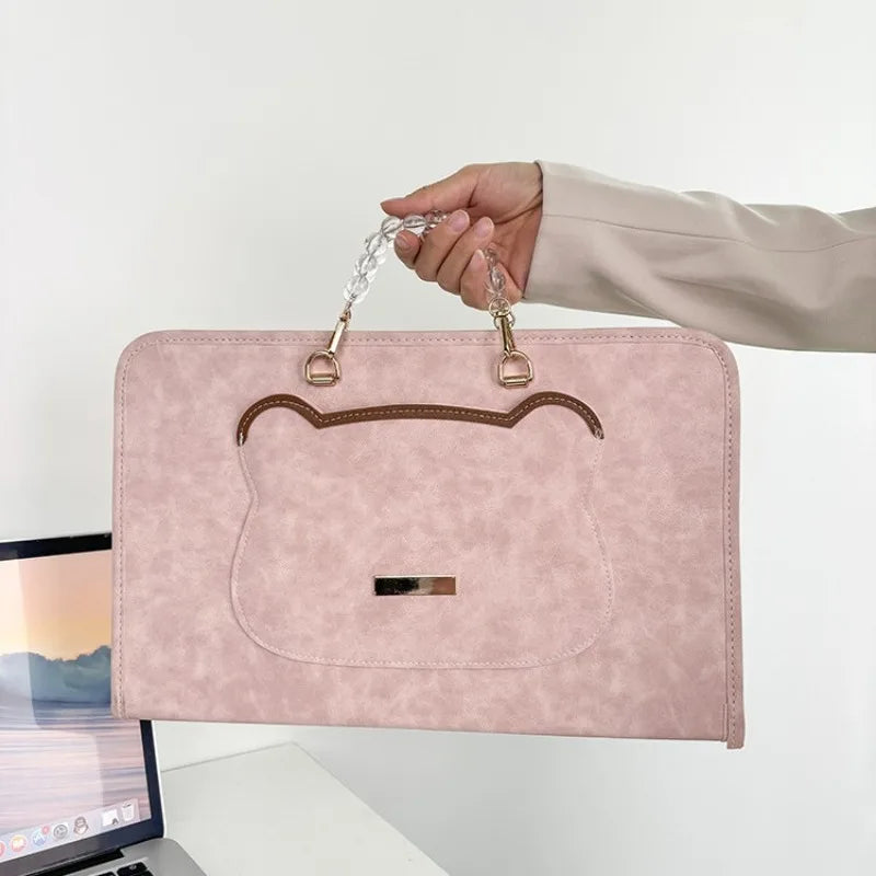 PU leather laptop sleeve with pearl bead handle