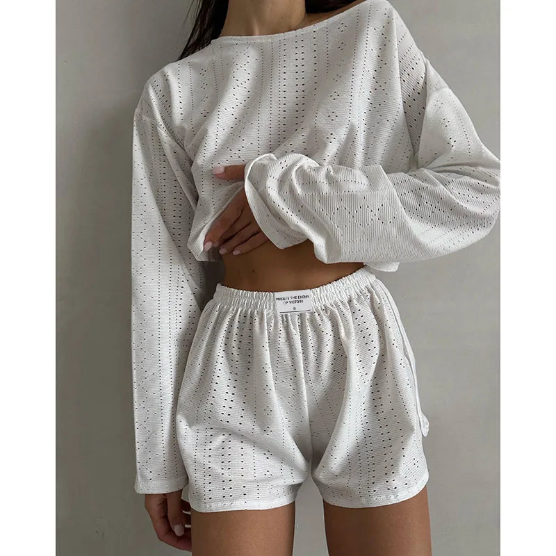 Soft Two-Piece Pajama Set with Long Sleeve Top and Shorts for Women