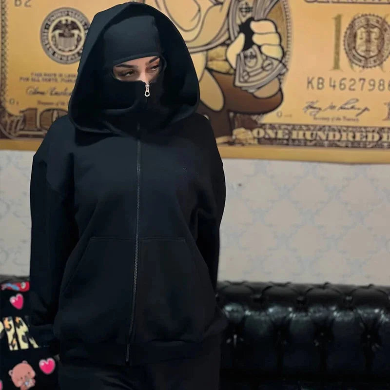 Unisex Cotton Blend Zip Hoodie With Built-In Hooded Face Mask For Cold Weather And Everyday Wear