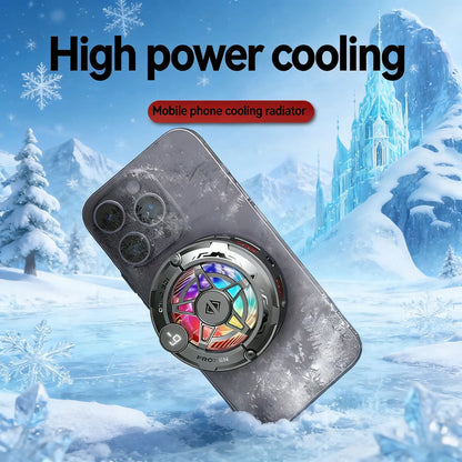 Black magnetic phone cooler with colorful LED fan and digital temperature display for gaming to prevent overheating.