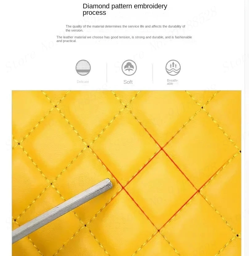 Yellow PU leather with quilted diamond pattern and contrast stitching.
