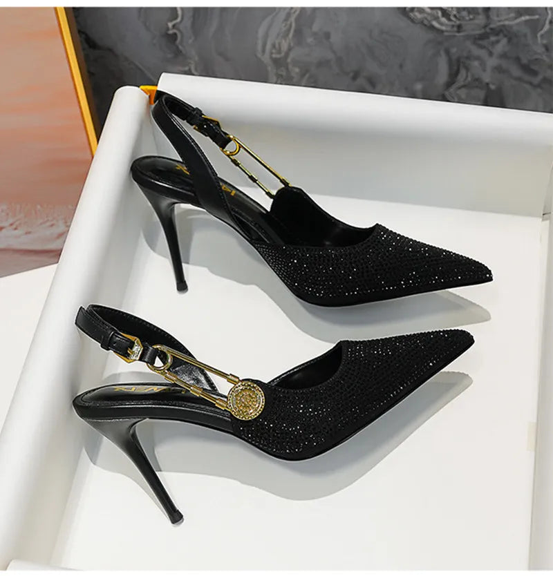 Sequined Slingback Pumps with Rhinestone Buckle for Women featuring Slim 9.6 cm Heel