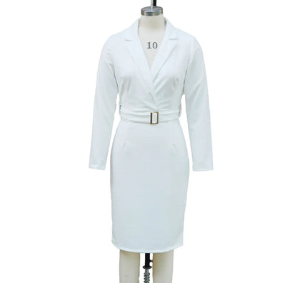 Elegant Deep V-Neck Suit Dress - Long Sleeve High Waist Office Dress with Sashes